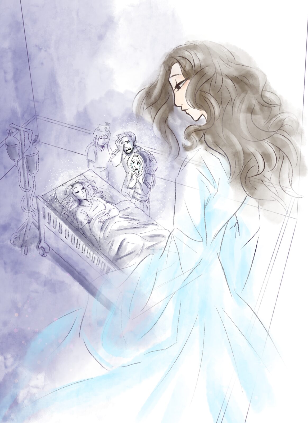 Tanya's spirit looking down on her body in the ICU as Jeff and Angela grieve
