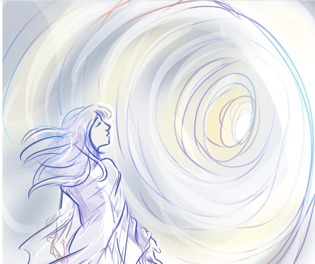 Tanya facing the tunnel of light